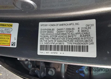 2020 Honda Accord Ex from USA, damaged, VIN 1HGCV1F41LA138015